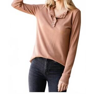 NEW 7TH RAY ruffle button top in vintage camel
